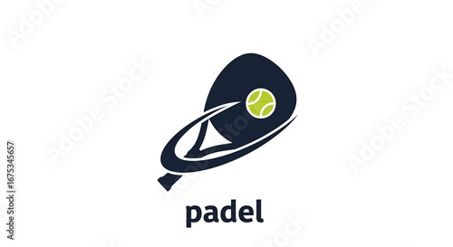 Padel sport logo featuring racket and ball showcasing dynamic motion style
