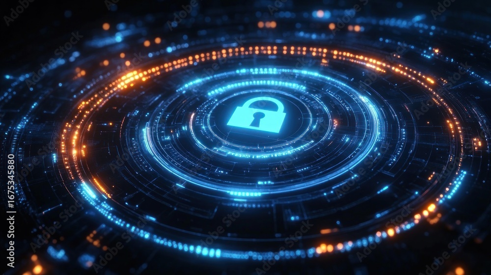 Fototapeta premium Glowing digital lock icon surrounded by circular futuristic data patterns in blue and orange lights representing cybersecurity and data protection