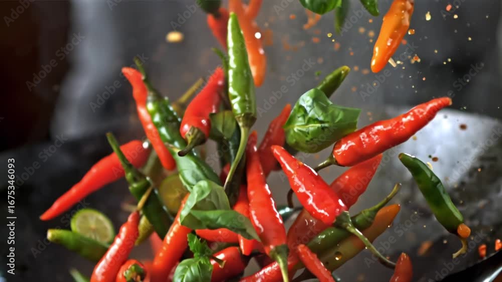 A vibrant mix of red and green chili peppers being cooked in a wok