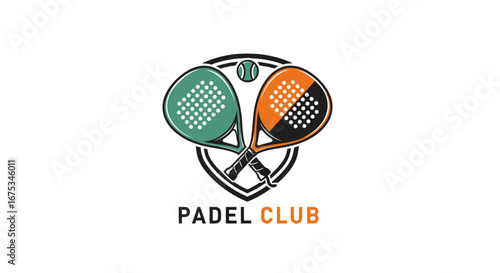 Dynamic padel club emblem with crossed rackets and ball, signifying sport
