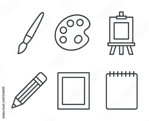 Art tools set: brush, palette, easel, pencil, frame, sketchpad - minimal line art icons