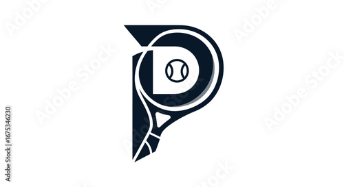 Creative tennis emblem, using a monogram with a racket and sport equipment