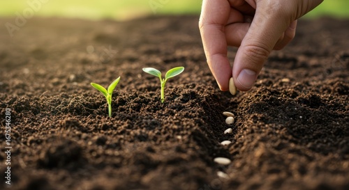 Hand planting seeds Nurturing growth with care, planting a new beginning, in a field of fertile soil