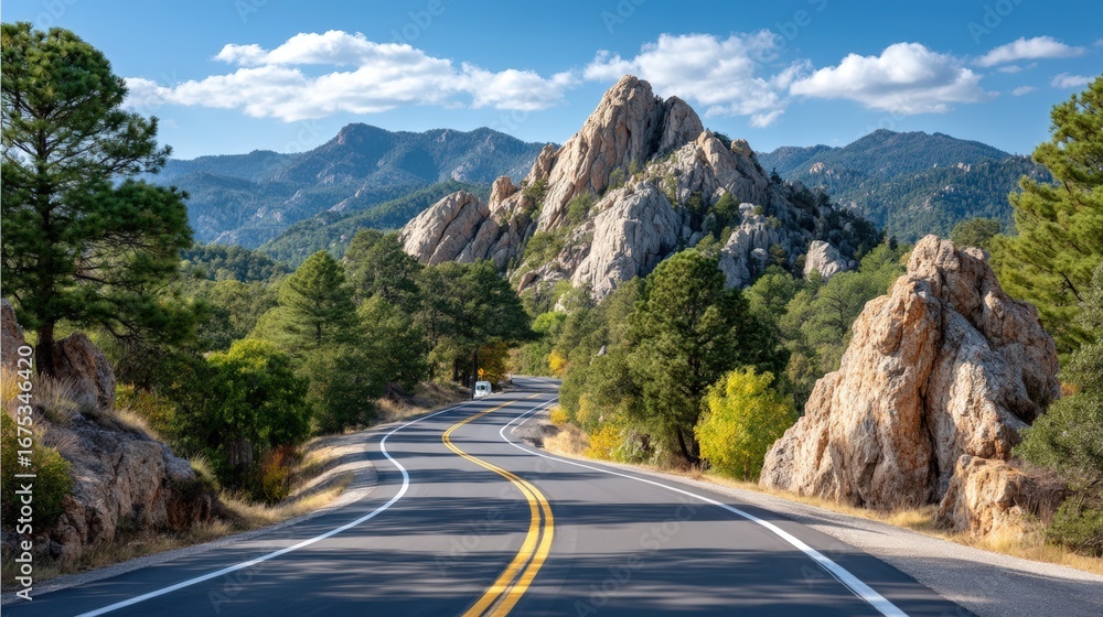 Naklejka premium Scenic Mountain Road with Rocky Outcrops and Lush Greenery