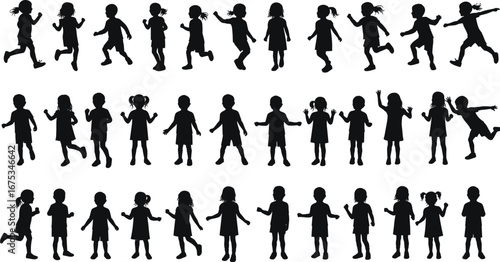 Silhouette vector of kids walking, running, and playing in various joyful poses, ideal for school, activity, or childhood concepts.