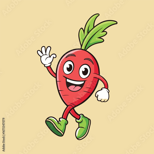 Vector art of cartoon radish character is walking and waving with a happy expression