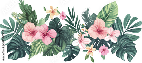 Vibrant watercolor tropical floral arrangement with lush green leaves and pink hibiscus flowers