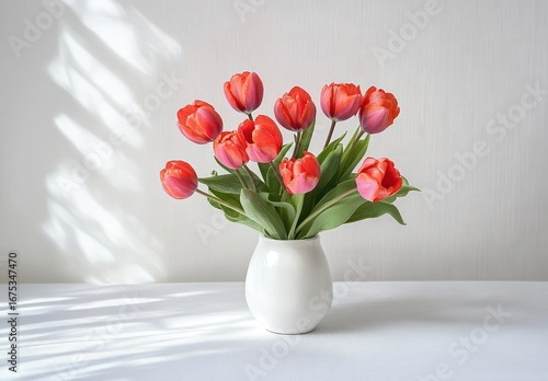 Wallpaper Mural Bright red tulips with green leaves arranged in a simple white vase on a white surface with soft natural light creating shadow patterns on the wall Torontodigital.ca