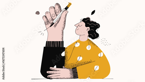 Cartoon illustration of woman holding weight loss injection modern hand drawn style