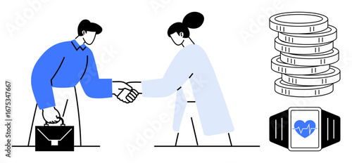 Two professionals shaking hands, smartwatch with heart rate icon, stack of coins signifying business deal, healthcare tech, financial growth. Ideal for business, healthcare, partnership, agreement