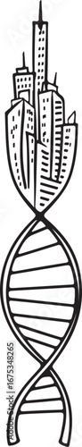 Black and white illustration of city skyline atop D N A double helix vector