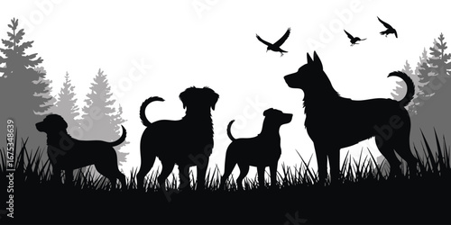 Vector Dog Silhouettes Playing in Grass – Black Pet Figures in Park Scene – Outdoor Animal Illustration for Nature, Fun, and Minimal Graphic Design Projects