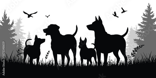Vector Dog Silhouettes Playing in Grass – Black Pet Figures in Park Scene – Outdoor Animal Illustration for Nature, Fun, and Minimal Graphic Design Projects