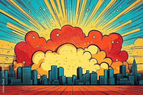 Colorful comic style city skyline with large vibrant red and yellow explosion or cloud burst and dynamic rays in background