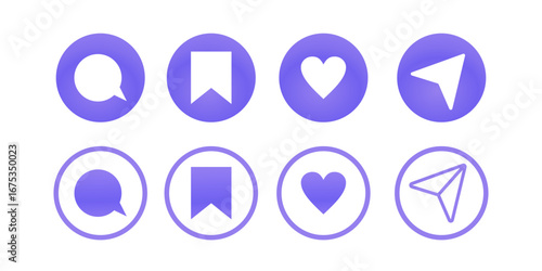 A sleek, modern icon set for social media engagement in soft purple. Includes symbols for comment, save, like, and share. Perfect for apps and websites to boost user interaction.