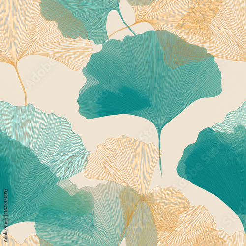 Minimalist line art seamless pattern with colorful ginkgo leaves background design