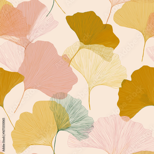 Minimalist line art seamless pattern with colorful ginkgo leaves background design