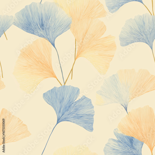 Minimalist line art seamless pattern with colorful ginkgo leaves background design