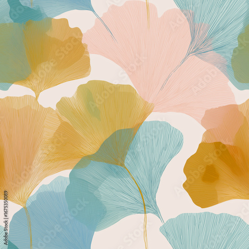 Minimalist line art seamless pattern with colorful ginkgo leaves background design