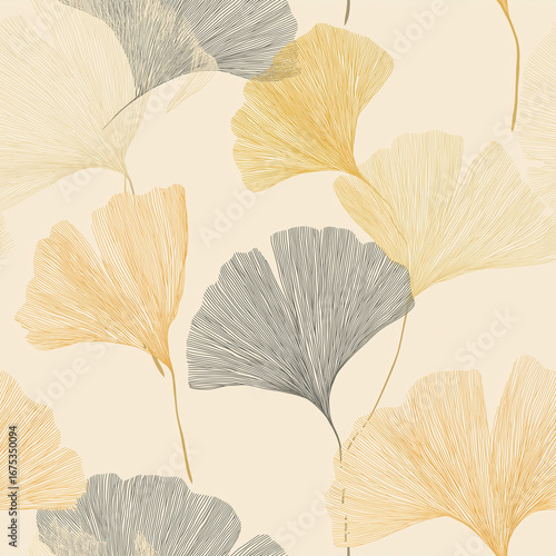 Minimalist line art seamless pattern with colorful ginkgo leaves background design