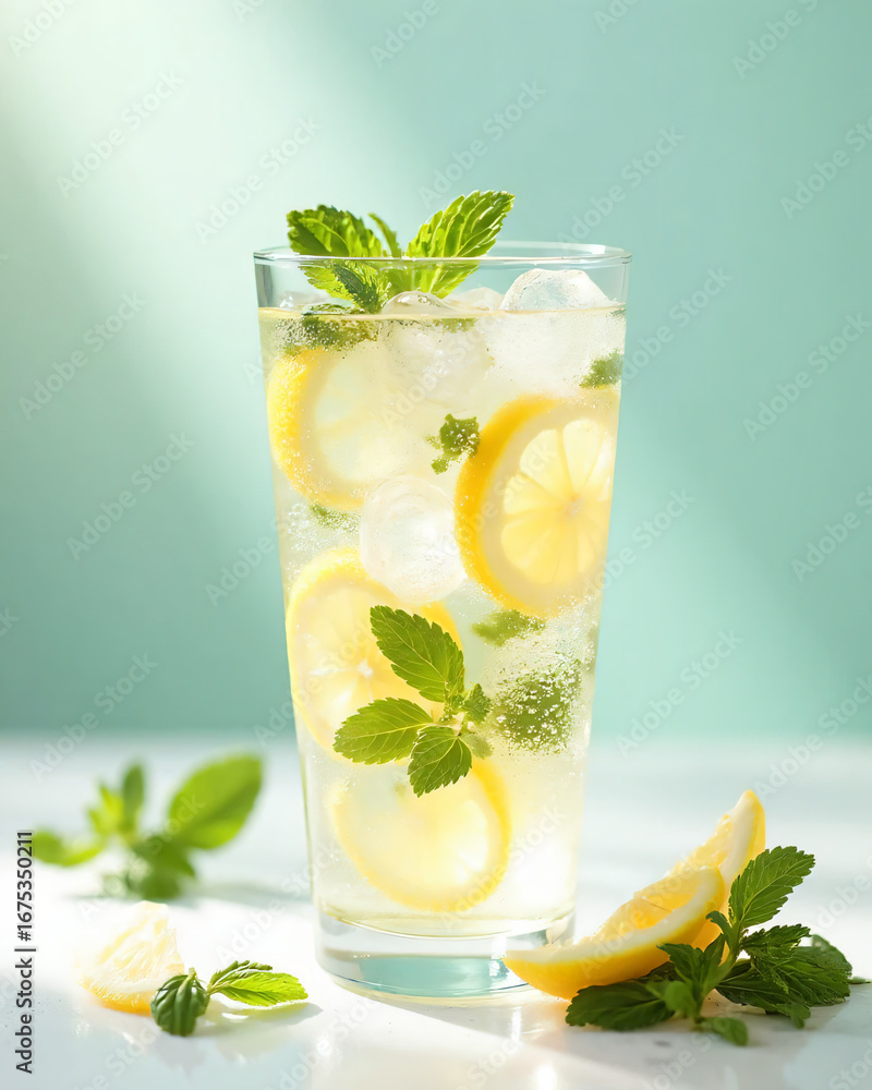 Fototapeta premium Refreshing Glass of Iced Lemon Water with Mint