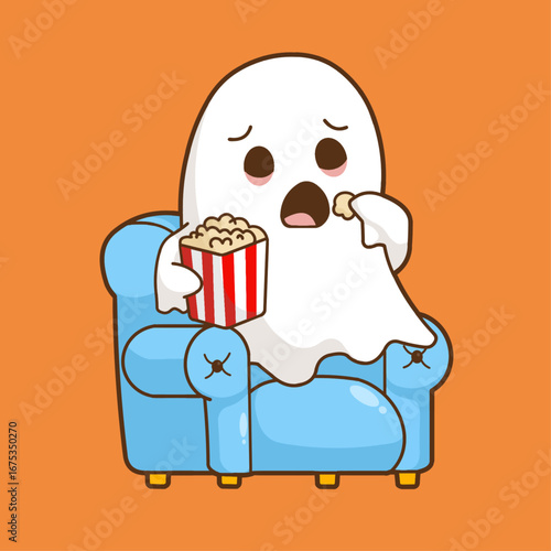 Vector illustration of a scared ghost watching a Halloween horror movie in the cinema while snacking on popcorn. 