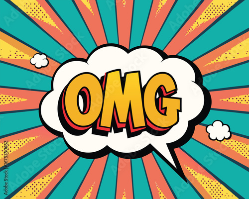 Vector art of comic speech bubble with the text omg on colorful halftone background