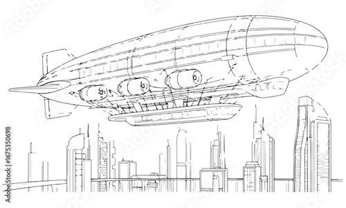 Futuristic Airship Flying Above a Modern City Skyline Line Art