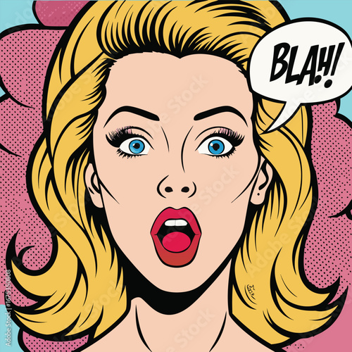 Vector art of surprised blonde woman with blah speech bubble in pop art style