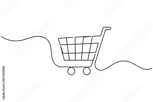 Shopping cart continuous one line drawing minimalist style isolated outline on white background