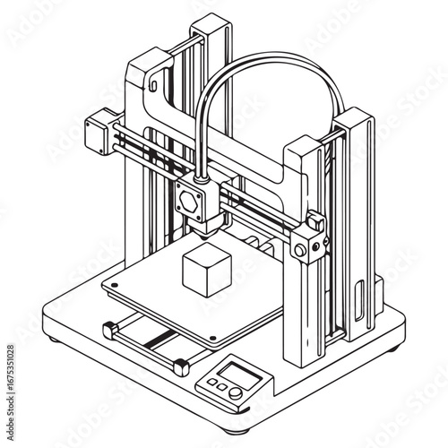 Isometric Line Art of a Three-Dimensional Printer Creating a Cube
