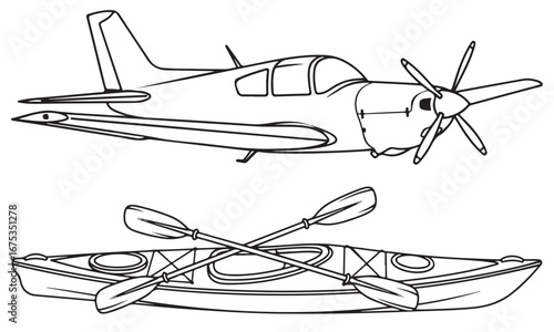Detailed Line Art Illustration of a Propeller Airplane and a Kayak with Crossed Paddles