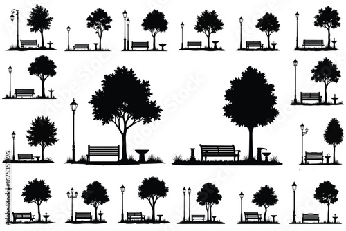 Park scene silhouettes with trees benches and lampposts 1
