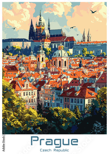 Prague travel poster showing the cityscape with red rooftops