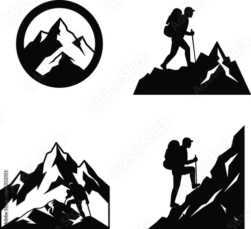 Mountain hiker silhouette set, man with backpack and trekking poles, outdoor adventure and travel, cad drawing flat vector illustration.