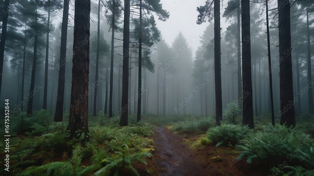 Fototapeta premium Mysterious foggy pine forest path with lush green undergrowth and tall trees