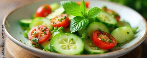 Refreshing cucumber salad with vibrant herbs and a light vinaigrette dressing, perfect for a summer meal or side dish Enjoy the crisp, cool flavors!, chives, plate