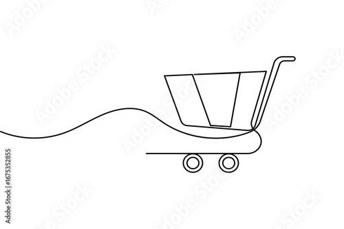 Shopping cart continuous one line drawing minimalist style isolated outline on white background