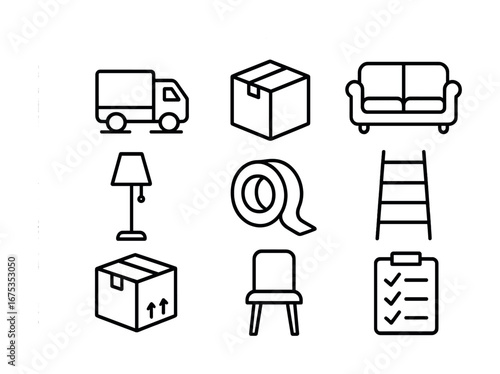 Moving essentials icons: truck, box, sofa, lamp, tape, ladder, chair, checklist