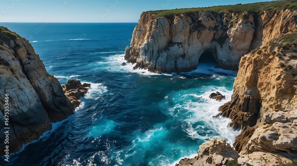 Obraz premium Dramatic ocean waves crash against rugged cliffs under a clear blue sky