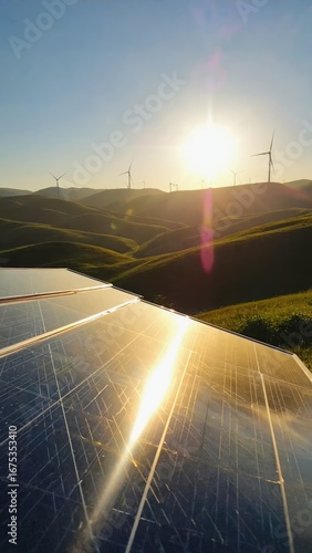 A Beautiful Sunrise Over Renewable Energy Sources with Solar Panels and Wind Turbines on Rolling Green Hills in a Sustainable Landscape