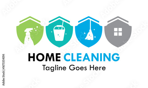 A sleek home cleaning logo design with a shield icon featuring a spray bottle, bucket, brush, and house. Ideal for professional cleaning and maintenance services