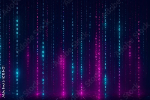Abstract falling binary code in cyan and magenta on dark background, digital rain effect, ideal tech backdrop for programming, cybersecurity themes, fintech decks, and websites.