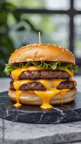 Indulge in a Layered Double Beef Burger with Melted Cheese and Fresh Lettuce, Perfectly Assembled for an Ultimate Culinary Experience