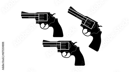 Revolver Silhouette Set Minimalist Gun Clipart Collection Law Enforcement and Weaponry Vector Graphics Black and White Design Resource