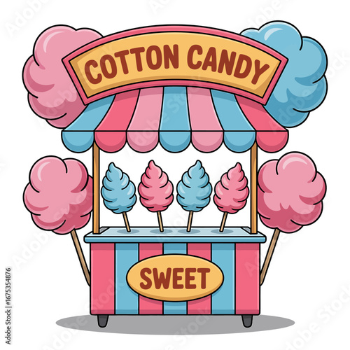 Colorful Cotton Candy Stand Illustration with Pink and Blue Treats Ready to Sell Sweet Summer Confections