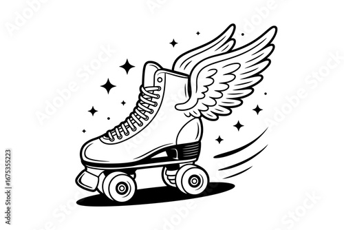Whimsical winged roller skate artwork in black and white perfect for posters and stickers celebrating freedom and fun