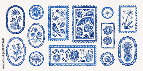 Collection of decorative blue and white frames featuring tropical plants flowers birds and a pineapple