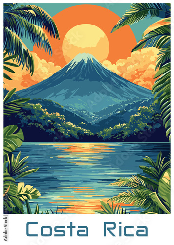 Editable vector art of volcano and lake in Costa Rica