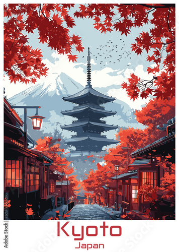 Vector art of Kyoto, Japan with autumn leaves and pagoda